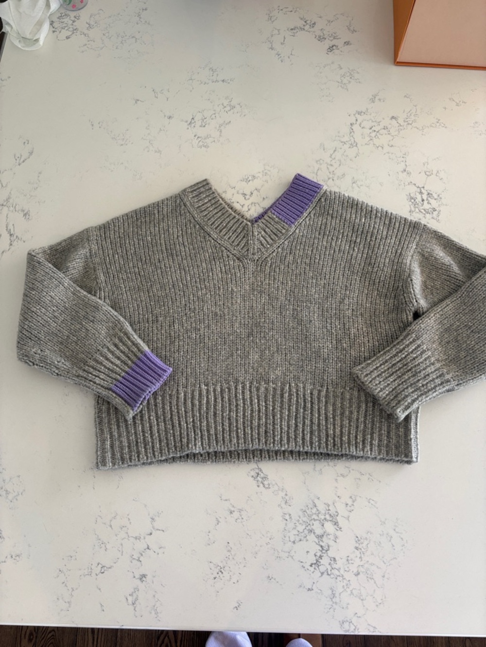 Helmut Lang Gray V-Neck Sweater with Purple Trim S